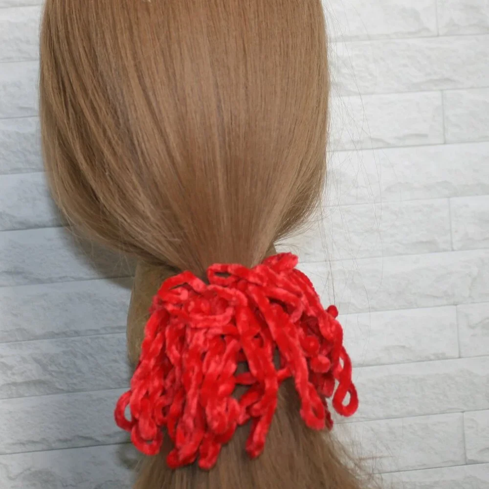 HAND CRAFTED Hair Scrunchie Fringe Crochet Kids Chenille Velvet Oversized Red